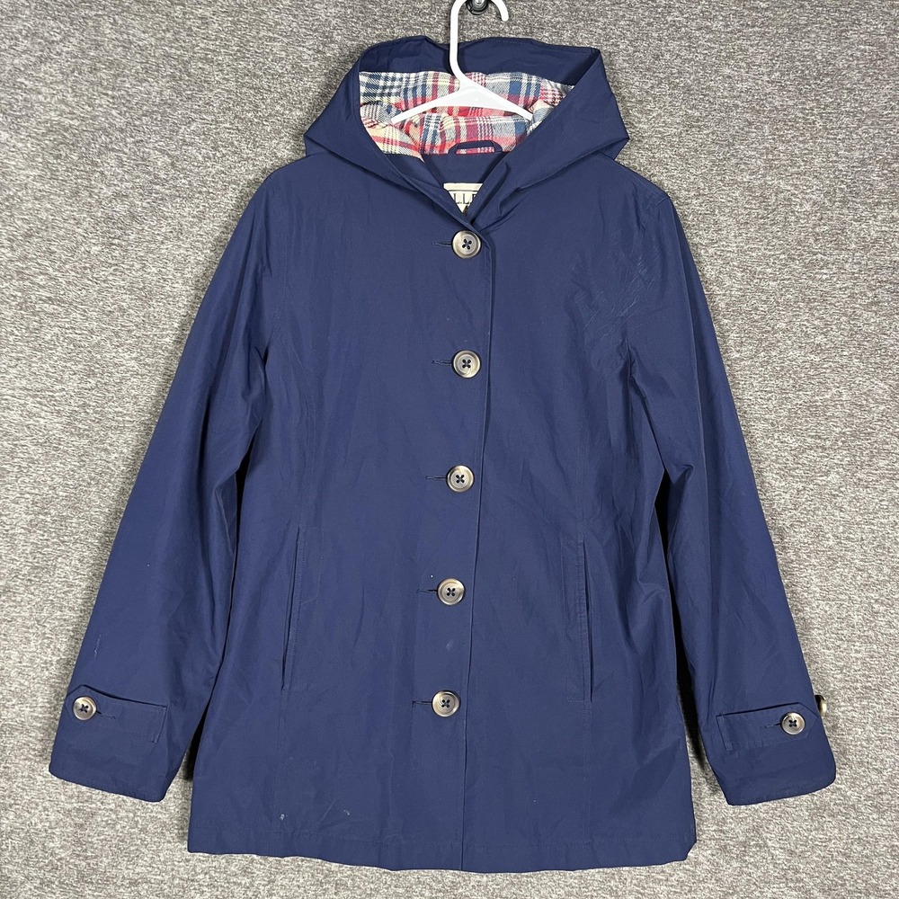 L.L.Bean Easy Care Macintosh Coat Womens XS Navy Flannel Lined Hooded Button